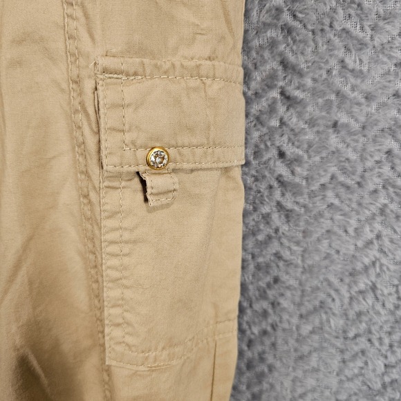 Boho Beach Khaki Cargo Capri Pants Women 4P Tan Utility Cropped Trousers Pockets - Picture 5 of 9